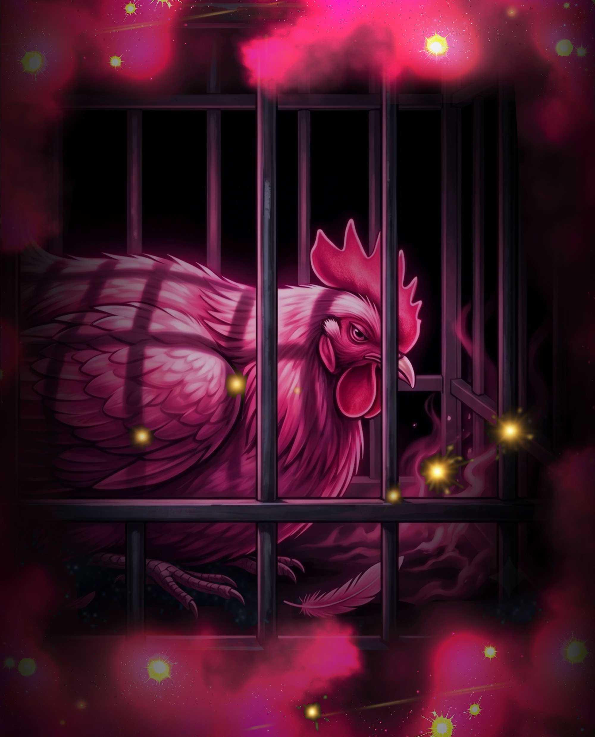 Red-tinged AI-generated photo of a sad hen in a cage.
